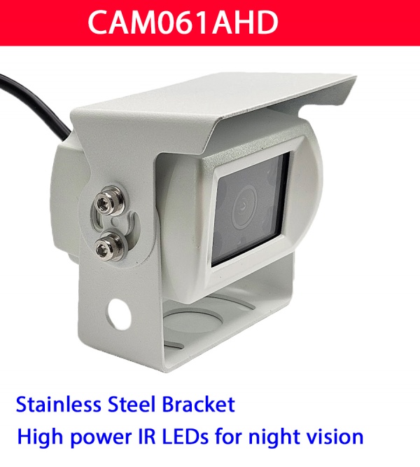 White 1080P AHD reversing camera with stainless steel bracket and night vision LEDs